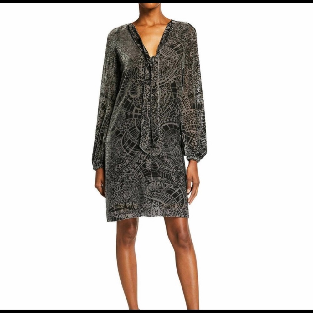 Johnny Was Mizar Velvet Burnout Tie Neck Mini Dress